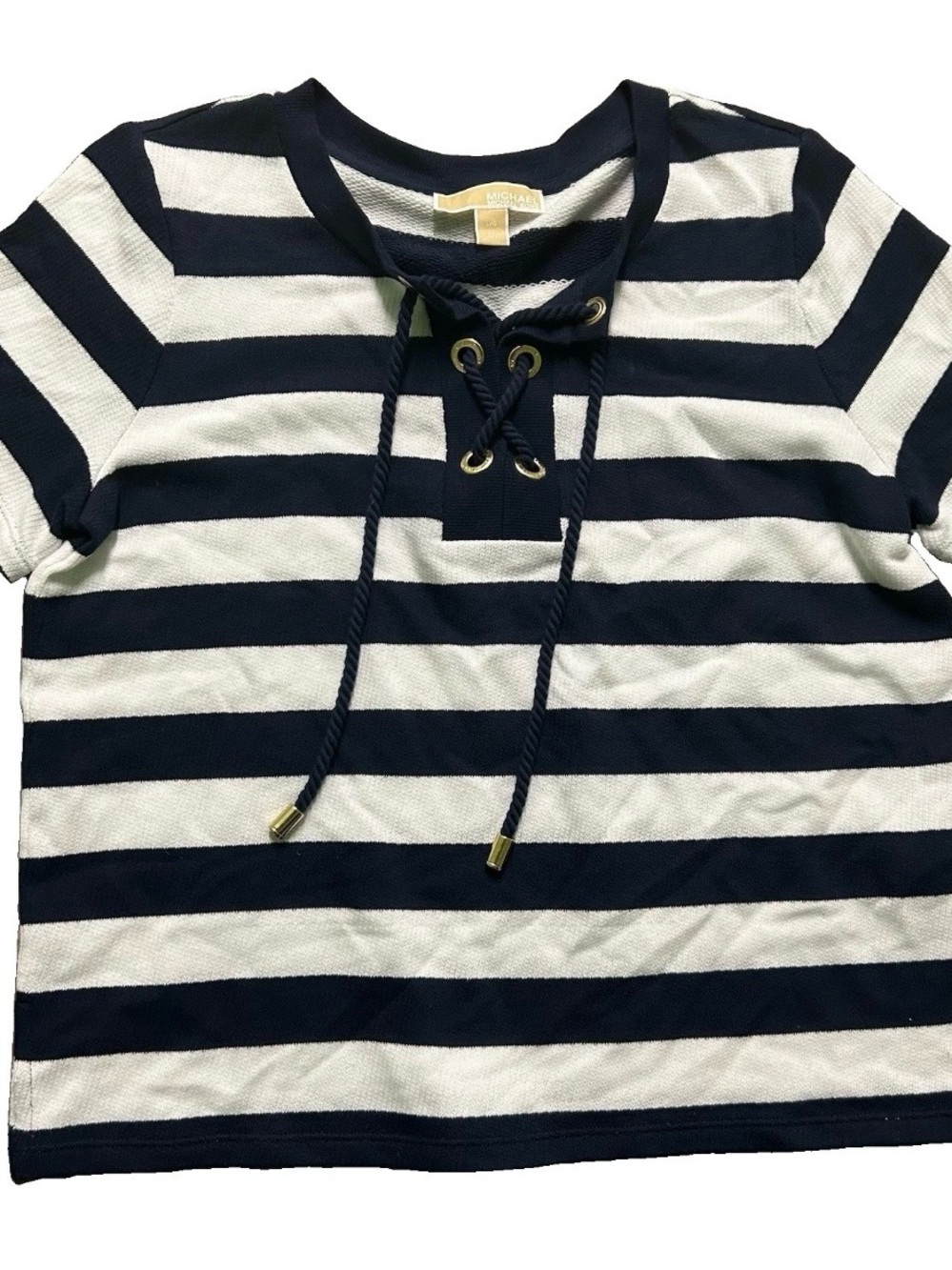 Women’s Michael Kors Blue White Striped Short Sleeve Summer Shirt Size Large